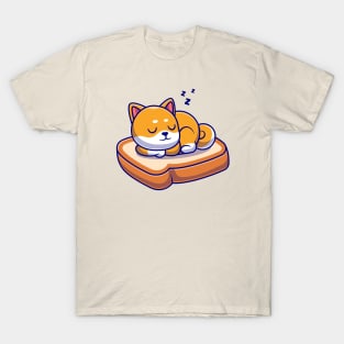 Cute Shiba Inu Dog Sleeping On Bread Cartoon T-Shirt